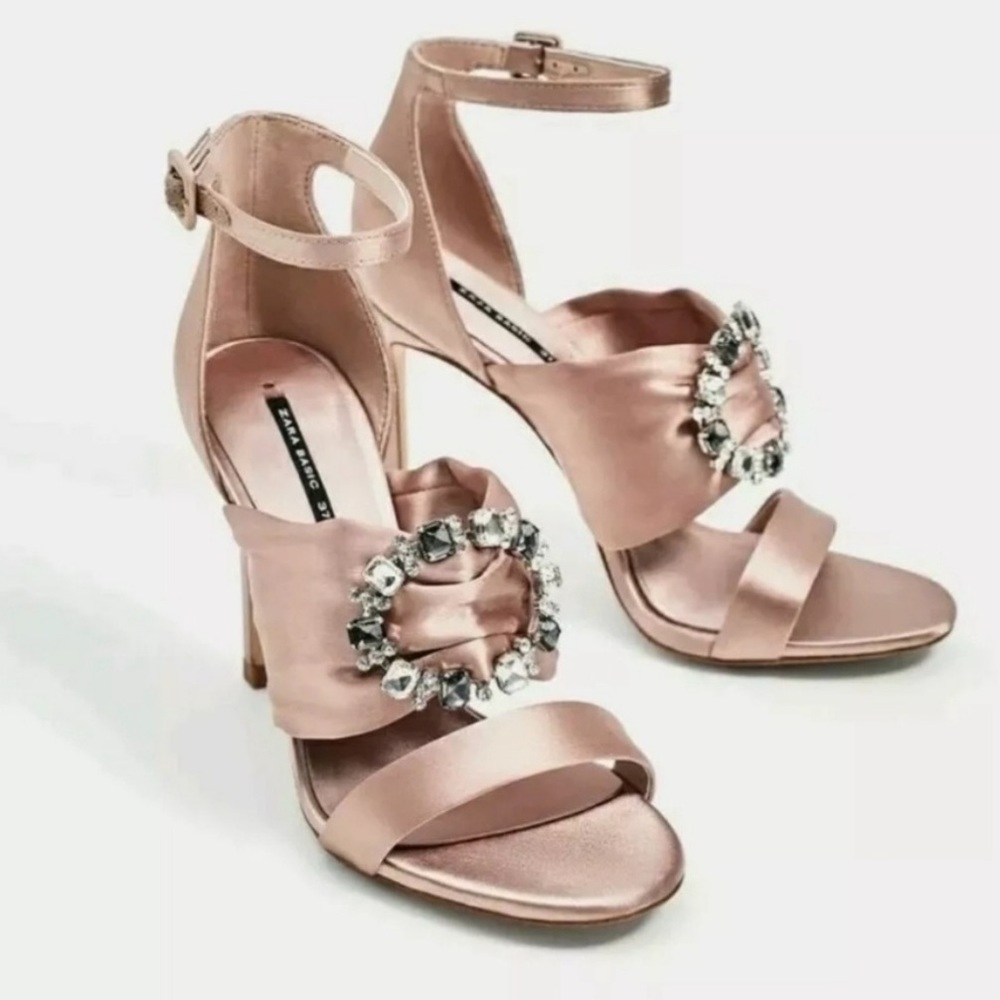 Zara Pink satin jewel heels. Size 7